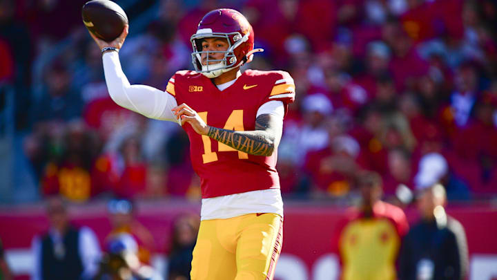 Nov 16, 2024; Los Angeles, California, USA; Southern California Trojans quarterback Jayden Maiava (14) throws against the Nebraska Cornhuskers during the first half at the Los Angeles Memorial Coliseum. Mandatory Credit: Gary A. Vasquez-Imagn Images