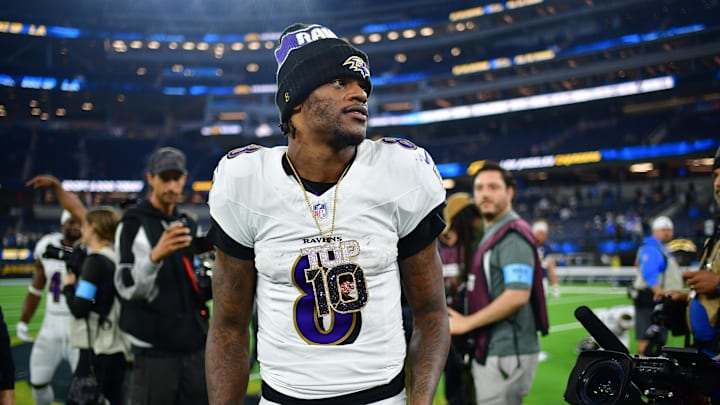 Baltimore Ravens quarterback Lamar Jackson reacts following the victory against the Los Angeles Chargers at SoFi Stadium on November 25, 2024. 