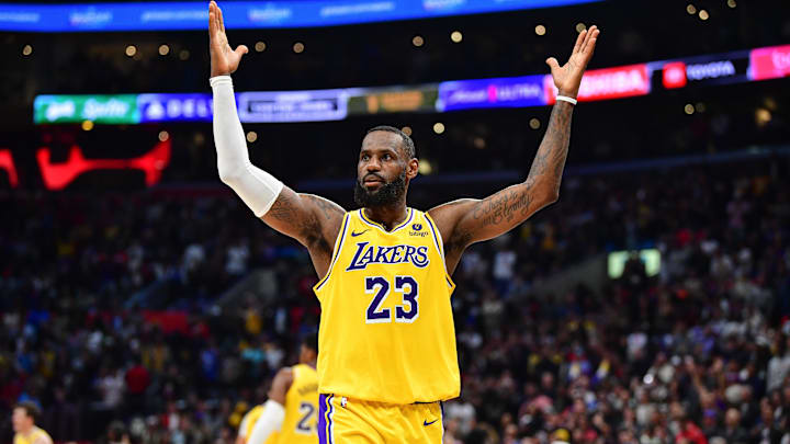 Los Angeles Lakers forward LeBron James celebrates the victory against the Los Angeles Clippers at Crypto.com Arena. Los Angeles Lakers forward LeBron James celebrates the victory against the Los Angeles Clippers at Crypto.com Arena.