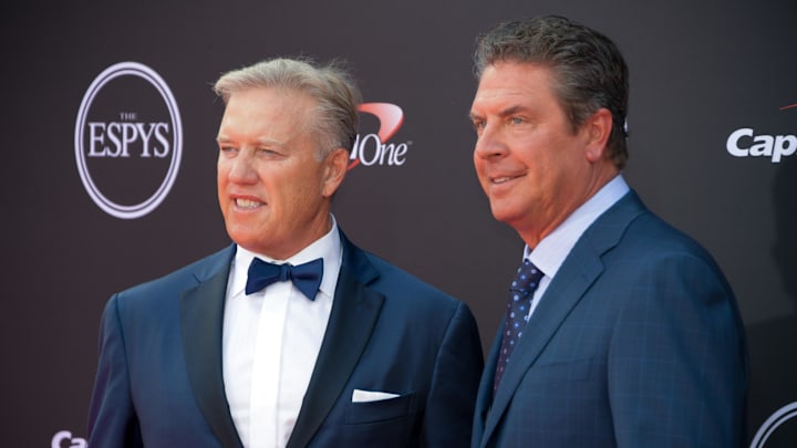 Jul 18, 2018; Los Angeles, CA, USA; Former NFL quarterback John Elway and Dan Marino 