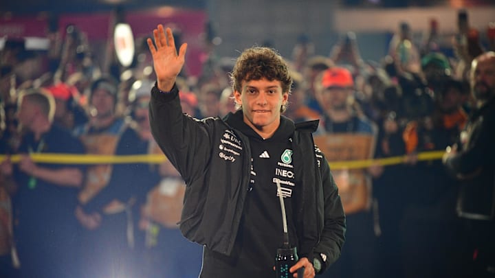 Nov 21, 2025; Las Vegas, NV, USA; Mercedes driver Andrea Kimi Antonelli (12) is introduced before the Las Vegas Grand Prix at Las Vegas Strip Circuit. Mandatory Credit: Gary A. Vasquez-Imagn Images