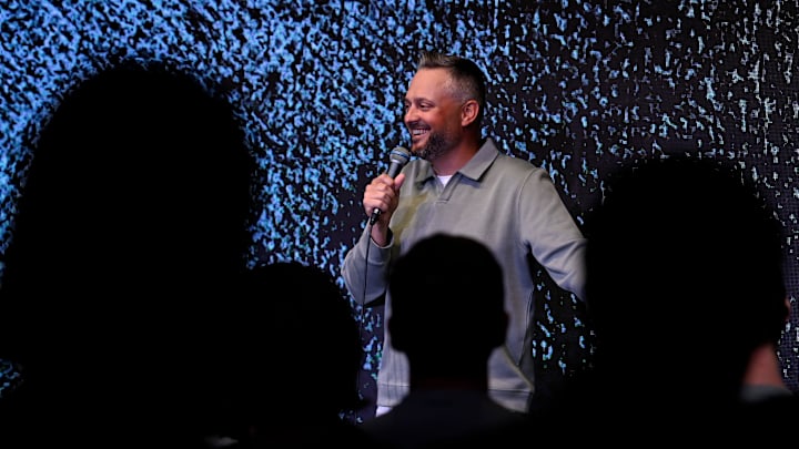 Comedian Nate Bargatze appears as a surprise guest at the end of a weekly Nateland Live show at the 100-seat Lab at Zanies comedy club Monday, April 28, 2025 in Nashville, Tenn.