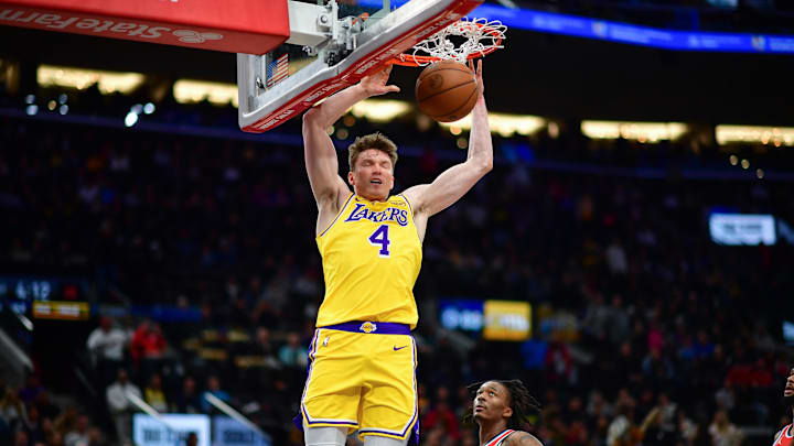 Feb 4, 2025; Inglewood, California, USA; Los Angeles Lakers guard Dalton Knecht (4) dunks for the basket against the Los Angeles Clippers during the second half at Intuit Dome. Mandatory Credit: Gary A. Vasquez-Imagn Images Feb 4, 2025; Inglewood, California, USA; Los Angeles Lakers guard Dalton Knecht (4) dunks for the basket against the Los Angeles Clippers during the second half at Intuit Dome. Mandatory Credit: Gary A. Vasquez-Imagn Images
