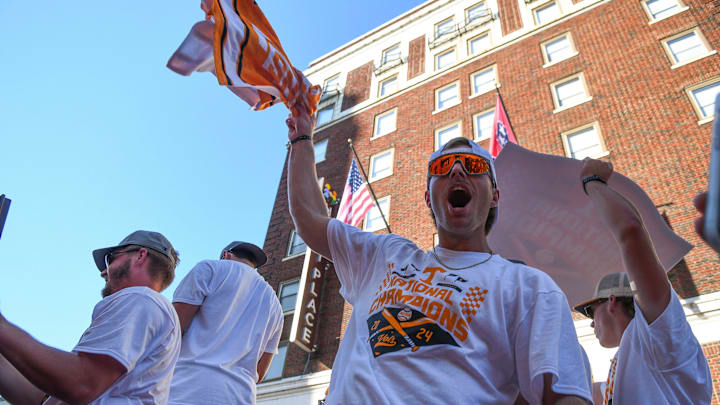 A Tennessee baseball player yells during the downtown parade honoring the Vols' NCAA baseball national championship on Tuesday, June 25, 2024, in Knoxville, Tennessee.