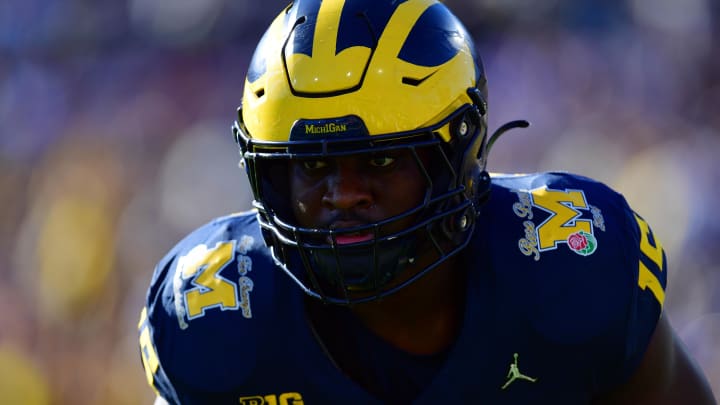 Jan 1, 2024; Pasadena, CA, USA; Michigan Wolverines linebacker Ernest Hausmann (15) warms up before the 2024 Rose Bowl college football playoff semifinal game against the Alabama Crimson Tide.