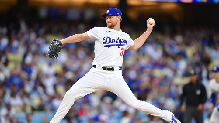 May 26, 2026; Los Angeles, California, USA; Los Angeles Dodgers pitcher Eric Lauer (33) pitches during the first inning against the Colorado Rockies at Dodger Stadium. Mandatory Credit: Gary A. Vasquez-Imagn Images