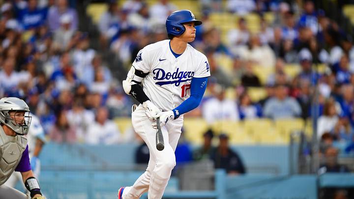 May 26, 2026; Los Angeles, California, USA;  Los Angeles Dodgers two-way player Shohei Ohtani (17) grounds out during the first inning against the Colorado Rockies at Dodger Stadium. Mandatory Credit: Gary A. Vasquez-Imagn Images