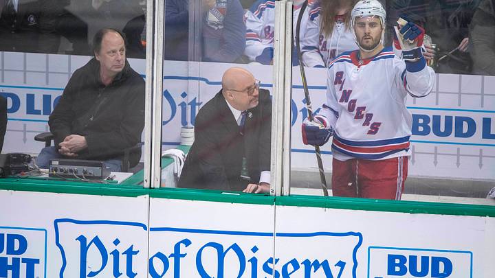 Mar 5, 2019; Dallas, TX, USA; New York Rangers defenseman Kevin Shattenkirk (22) motions to his team as he waits in the Pit of Misery penalty box during the third period against the Dallas Stars at the American Airlines Center. Mandatory Credit: Jerome Miron-USA TODAY Sports