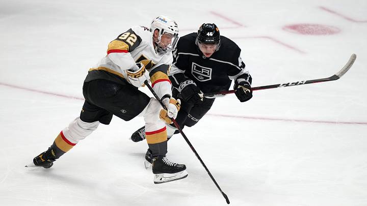 Apr 12, 2021; Los Angeles, California, USA; Vegas Golden Knights left wing Tomas Nosek (92) and LA Kings center Blake Lizotte (46) battle for the puck in the first period at Staples Center. Mandatory Credit: Kirby Lee-USA TODAY Sports Apr 12, 2021; Los Angeles, California, USA; Vegas Golden Knights left wing Tomas Nosek (92) and LA Kings center Blake Lizotte (46) battle for the puck in the first period at Staples Center. Mandatory Credit: Kirby Lee-USA TODAY Sports