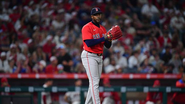 Jul 3, 2026; Anaheim, California, USA; Boston Red Sox pitcher Aroldis Chapman (44) celebrates the victory against the Los Angeles Angels at Angel Stadium. Mandatory Credit: Gary A. Vasquez-Imagn Images