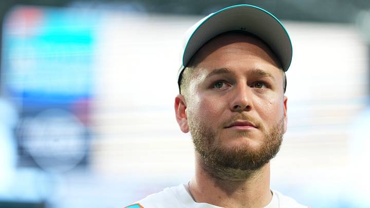 Miami Dolphins quarterback Quinn Ewers (14) leaves the field at the end of a preseason game against the New York Giants at Hard Rock Stadium. Miami Dolphins quarterback Quinn Ewers (14) leaves the field at the end of a preseason game against the New York Giants at Hard Rock Stadium.