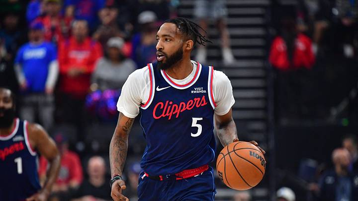 Nov 10, 2025; Inglewood, California, USA; Los Angeles Clippers forward Derrick Jones Jr. (5) moves the ball up court against the against the Atlanta Hawks during the first half at Intuit Dome. Mandatory Credit: Gary A. Vasquez-Imagn Images