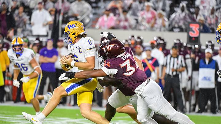 Oct 2, 2026; Blacksburg, Virginia, USA; Virginia Tech Hokies defensive end Cortez Harris (34) sacks Pittsburgh Panthers quarterback Mason Heintschel (6) during the first quarter at Lane Stadium. Mandatory Credit: Brian Bishop-Imagn Images Oct 2, 2026; Blacksburg, Virginia, USA; Virginia Tech Hokies defensive end Cortez Harris (34) sacks Pittsburgh Panthers quarterback Mason Heintschel (6) during the first quarter at Lane Stadium. Mandatory Credit: Brian Bishop-Imagn Images