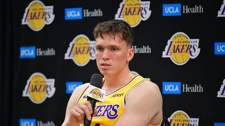 Sep 28, 2026; El Segundo, CA, USA; Los Angeles Lakers player Dalton Knecht (4) during media day at UCLA Health Training Center.  Mandatory Credit: Gary A. Vasquez-Imagn Images