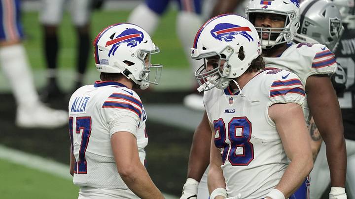 Oct. 4, 2020; Paradise, Nevada, USA; Buffalo Bills' quarterback Josh Allen (17) celebrates with tight end Dawson Knox (88) after a touchdown in the fourth quarter against the Las Vegas Raiders at Allegiant Stadium.