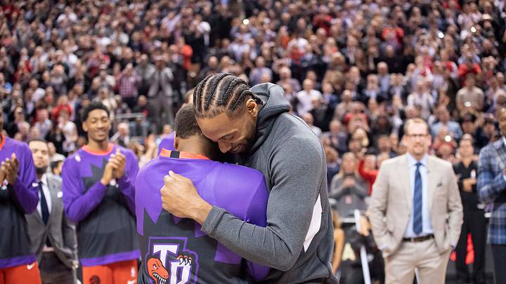 Dec 11, 2019; Toronto, Ontario, CAN; LA Clippers forward Kawhi Leonard (2) hugs Toronto Raptors guard Kyle Lowry (7) at Scotiabank Arena. Mandatory Credit: Nick Turchiaro-USA TODAY Sports Dec 11, 2019; Toronto, Ontario, CAN; LA Clippers forward Kawhi Leonard (2) hugs Toronto Raptors guard Kyle Lowry (7) at Scotiabank Arena. Mandatory Credit: Nick Turchiaro-USA TODAY Sports