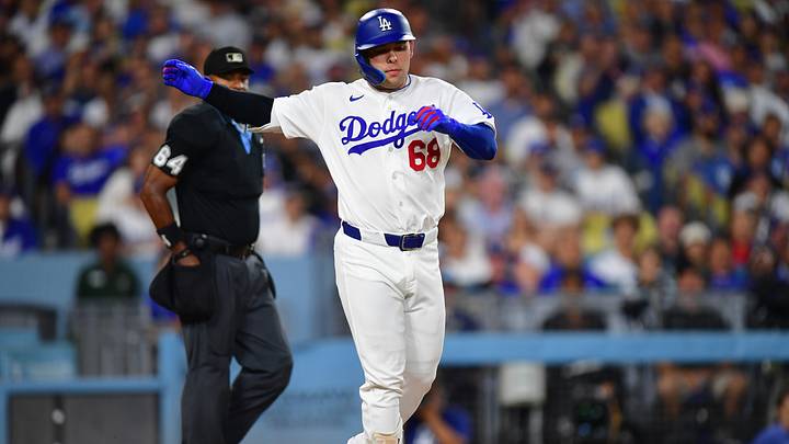 Sep 2, 2026; Los Angeles, California, USA; Los Angeles Dodgers catcher Dalton Rushing (68) reacts after being hit by a pitch during the sixth inning against the St. Louis Cardinals at UNIQLO Field at Dodger Stadium. Mandatory Credit: Gary A. Vasquez-Imagn Images Sep 2, 2026; Los Angeles, California, USA; Los Angeles Dodgers catcher Dalton Rushing (68) reacts after being hit by a pitch during the sixth inning against the St. Louis Cardinals at UNIQLO Field at Dodger Stadium. Mandatory Credit: Gary A. Vasquez-Imagn Images