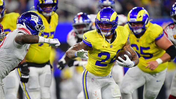 Sep 21, 2026; Inglewood, California, USA; Los Angeles Rams running back Blake Corum (24) runs during the fourth quarter against the New York Giants at SoFi Stadium. Mandatory Credit: Gary A. Vasquez-Imagn Images Sep 21, 2026; Inglewood, California, USA; Los Angeles Rams running back Blake Corum (24) runs during the fourth quarter against the New York Giants at SoFi Stadium. Mandatory Credit: Gary A. Vasquez-Imagn Images
