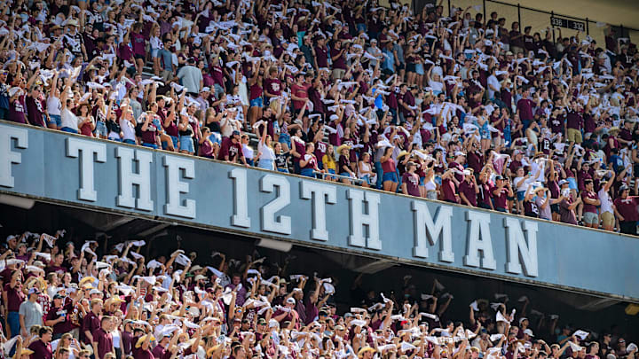 Sep 18, 2021; College Station, Texas, USA; A view of the stands and the fans and the 12th Man logo during the first half of the game between the Texas A&M Aggies and the New Mexico Lobos at Kyle Field. 