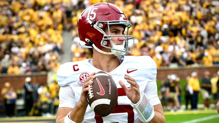 Oct 11, 2025; Columbia, MO, USA; Alabama Crimson Tide quarterback Ty Simpson (15) readies a pass in the first quarter against the Missouri Tigers at Faurot Field at Memorial Stadium. | Matt Guzman/MissouriOnSI