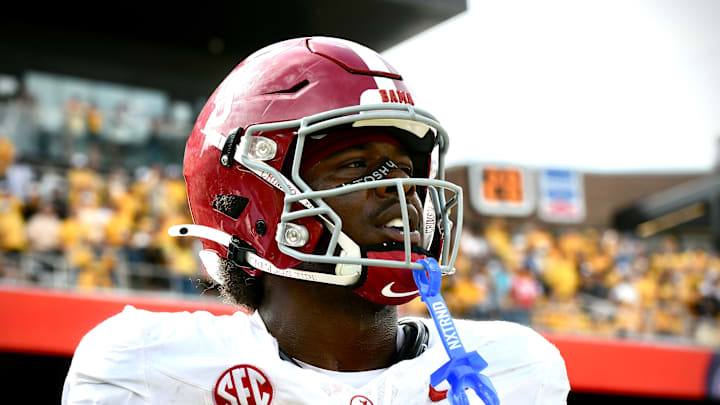 Oct 11, 2025; Columbia, MO, USA; Alabama Crimson Tide receiver Germie Bernard (5) in the fourth quarter against the Missouri Tigers at Faurot Field at Memorial Stadium.