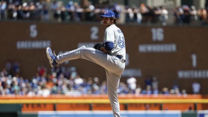 Toronto Blue Jays pitcher Jordan Romano (68) pitches during the eighth inning of the game against the Detroit Tigers at Comerica Park on May 25. Toronto Blue Jays pitcher Jordan Romano (68) pitches during the eighth inning of the game against the Detroit Tigers at Comerica Park on May 25.