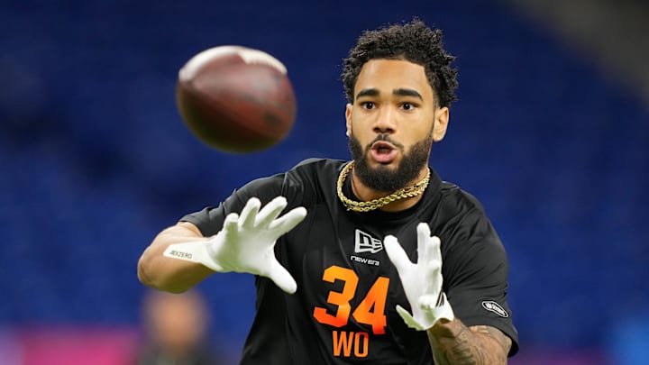 Feb 28, 2026; Indianapolis, IN, USA; Indiana wideout Elijah Sarratt (WO34) during the NFL Scouting Combine at Lucas Oil Stadium. Mandatory Credit: Kirby Lee-Imagn Images Feb 28, 2026; Indianapolis, IN, USA; Indiana wideout Elijah Sarratt (WO34) during the NFL Scouting Combine at Lucas Oil Stadium. Mandatory Credit: Kirby Lee-Imagn Images