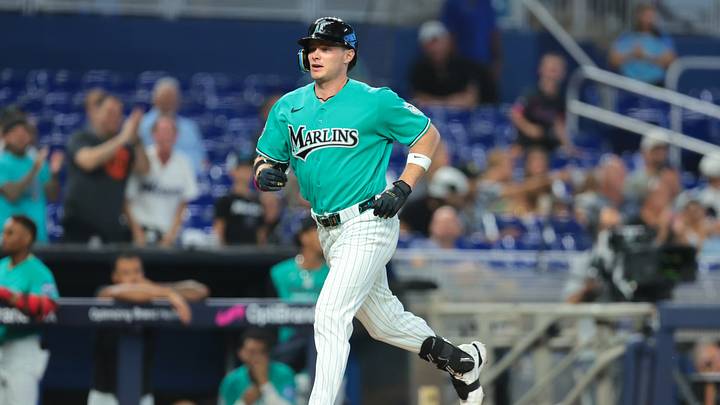 Aug 9, 2026; Miami, Florida, USA; Miami Marlins designated hitter Griffin Conine (18) rounds the bases after hitting a home run against the Los Angeles Angels during the eighth inning at loanDepot Park. Mandatory Credit: Sam Navarro-Imagn Images Aug 9, 2026; Miami, Florida, USA; Miami Marlins designated hitter Griffin Conine (18) rounds the bases after hitting a home run against the Los Angeles Angels during the eighth inning at loanDepot Park. Mandatory Credit: Sam Navarro-Imagn Images
