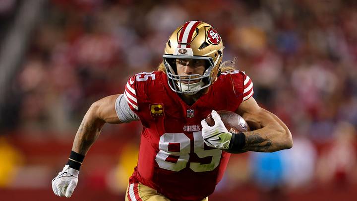 Santa Clara, California, USA; San Francisco 49ers tight end George Kittle (85) during the game against the Detroit Lions at Levi's Stadium. Mandatory Credit: Sergio Estrada-Imagn Images