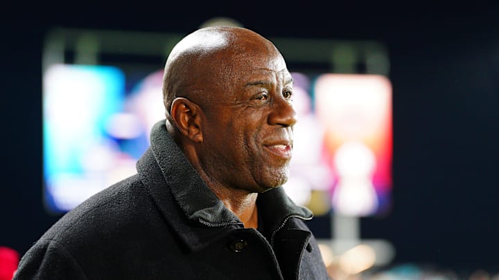 Nov 23, 2024; Kansas City, Missouri, USA; Magic Johnson attends the 2024 NWSL Championship match at CPKC Stadium. Mandatory Credit: Denny Medley-Imagn Images