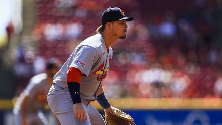 Aug 31, 2025; Cincinnati, Ohio, USA; St. Louis Cardinals third baseman Nolan Gorman (16) prepares for the pitch in the first inning against the Cincinnati Reds at Great American Ball Park. Mandatory Credit: Katie Stratman-Imagn Images