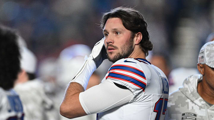 Nov 10, 2024: Buffalo Bills quarterback Josh Allen stands on the sidelines before the game against the Indianapolis Colts.