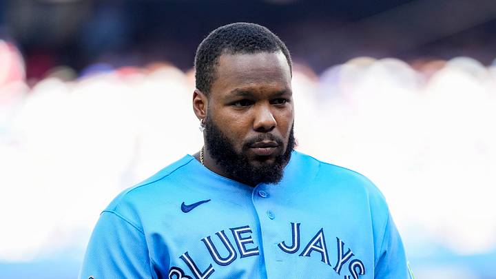 Jun 27, 2026; Toronto, Ontario, CAN;  Toronto Blue Jays first baseman Vladimir Guerrero Jr. (27) returns to the dugout during the sixth inning against the Texas Rangers at Rogers Centre. Mandatory Credit: Kevin Sousa-Imagn Images