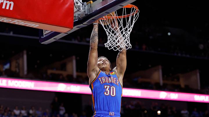 Oct 6, 2026; Tulsa, Oklahoma, USA; Oklahoma City Thunder guard Anthony Pritchard (30) dunks against the New Orleans Pelicans during the second half at BOK Center. Oct 6, 2026; Tulsa, Oklahoma, USA; Oklahoma City Thunder guard Anthony Pritchard (30) dunks against the New Orleans Pelicans during the second half at BOK Center.