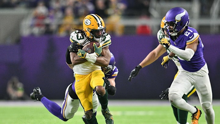 Dec 31, 2023; Minneapolis, Minnesota, USA; Green Bay Packers running back Aaron Jones (33) is