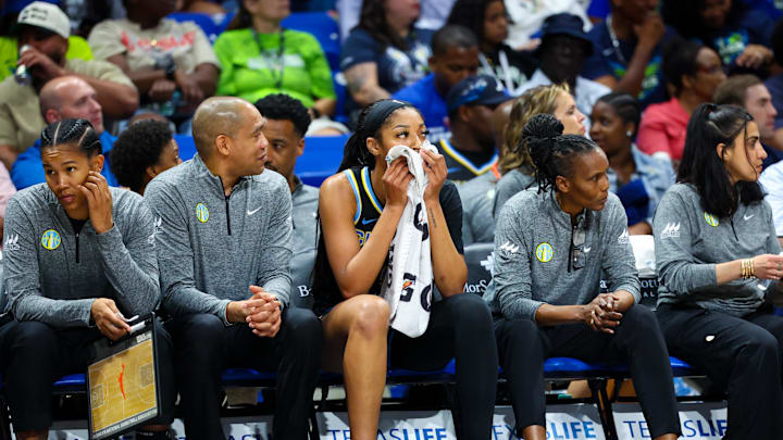 May 15, 2024; Arlington, Texas, USA;  Chicago Sky forward Angel Reese (5) reacts on the bench during the first quarter against the Dallas Wings at College Park Center. Mandatory Credit: Kevin Jairaj-Imagn Images