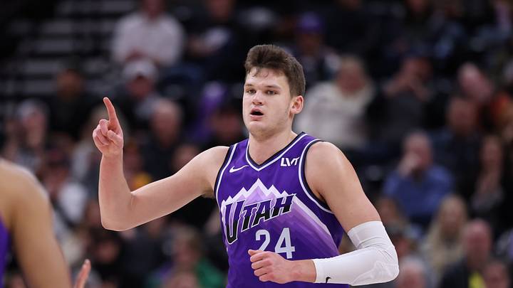 Dec 8, 2023; Salt Lake City, Utah, USA; Utah Jazz center Walker Kessler (24) reacts to a play against the Los Angeles Clippers during the second half at Delta Center. Mandatory Credit: Rob Gray-USA TODAY Sports