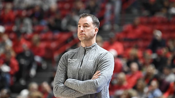 Jan 13, 2024; Las Vegas, Nevada, USA; Utah State Aggies head coach Danny Sprinkle looks on during the UNLV Rebels in the first half at Thomas & Mack Center. Mandatory Credit: Candice Ward-USA TODAY Sports