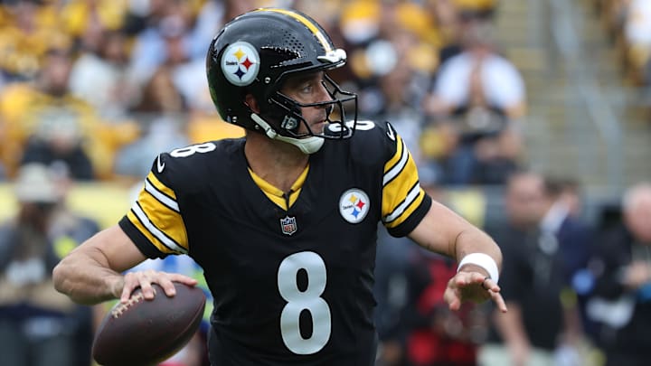 Oct 12, 2025; Pittsburgh, Pennsylvania, USA;  Pittsburgh Steelers quarterback Aaron Rodgers (8) passes against the Cleveland Browns during the first quarter at Acrisure Stadium. Mandatory Credit: Charles LeClaire-Imagn Images