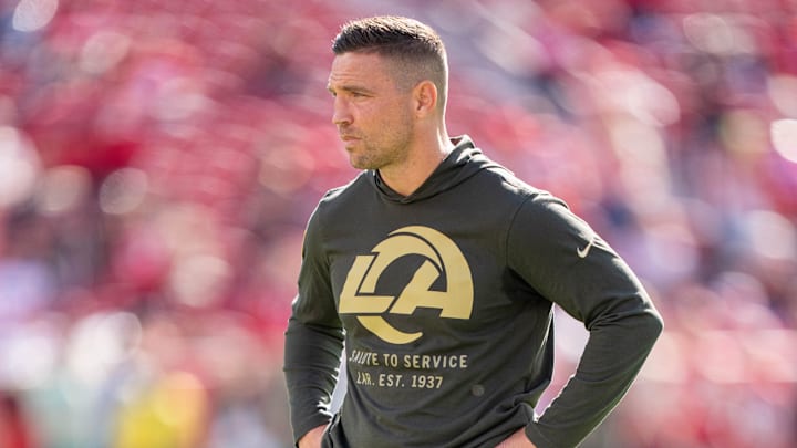 November 9, 2025; Santa Clara, California, USA; Los Angeles Rams defensive coordinator Chris Shula before the game against the San Francisco 49ers at Levi's Stadium. Mandatory Credit: Kyle Terada-Imagn Images