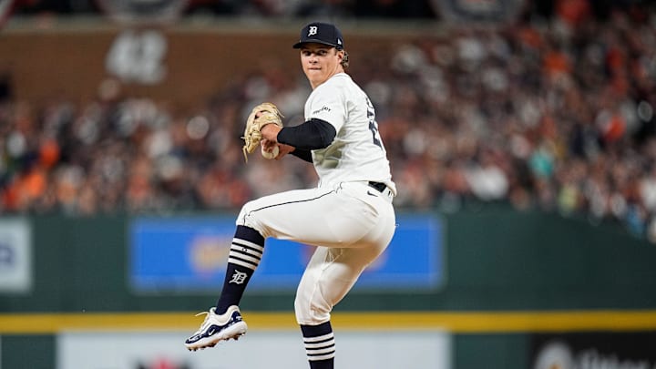 Detroit Tigers pitcher Jackson Jobe (21) throws against Cleveland Guardians during the eighth inning at Game 4 of ALDS at Comerica Park in Detroit on Thursday, Oct. 10, 2024.