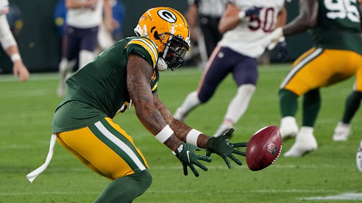 Green Bay Packers wide receiver Amari Rodgers muffs a punt against the Bears in 2022.