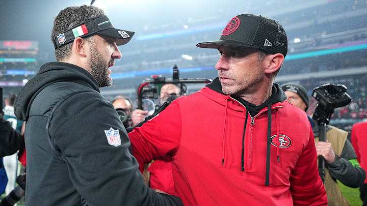 Nick Sirianni, Kyle Shanahan, San Francisco 49ers v Philadelphia Eagles
