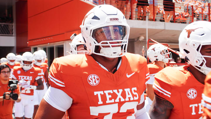Aug 31, 2024; Austin, Texas, USA; Texas Longhorns lineman Brandon Baker (73) before a game at Darrell K Royal-Texas Memorial Stadium. Mandatory Credit: Aaron Meullion-Imagn Images