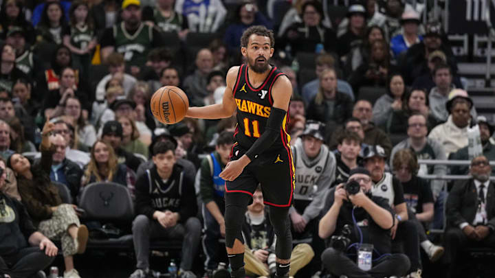 Mar 30, 2025; Milwaukee, Wisconsin, USA;  Atlanta Hawks guard Trae Young (11) during the game against the Milwaukee Bucks at Fiserv Forum. Mandatory Credit: Jeff Hanisch-Imagn Images