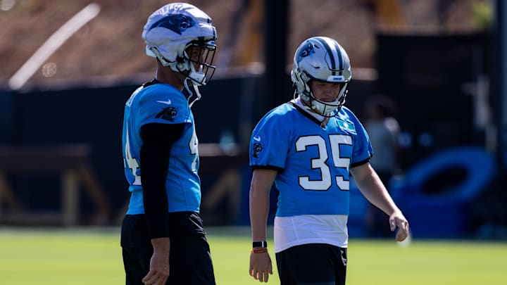 Jul 23, 2025; Charlotte, NC, USA; Carolina Panthers place kicker Ryan Fitzgerald (35) and long snapper JJ Jansen (44) warm up during training camp. Mandatory Credit: Scott Kinser-Imagn Images Jul 23, 2025; Charlotte, NC, USA; Carolina Panthers place kicker Ryan Fitzgerald (35) and long snapper JJ Jansen (44) warm up during training camp. Mandatory Credit: Scott Kinser-Imagn Images