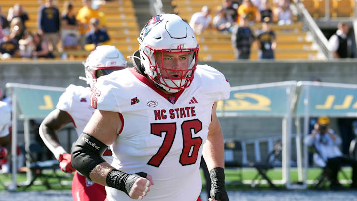 Oct 19, 2024; Berkeley, California, USA; North Carolina State Wolfpack offensive lineman Patrick Matan (76) before the game against the California Golden Bears at California Memorial Stadium. Mandatory Credit: Darren Yamashita-Imagn Images