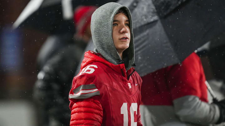 Baylor School (TN) quarterback Marshall Manning (16) watches a play on the sidelines during the Division II-AAA championship game at Finley Stadium in Chattanooga, Tenn.