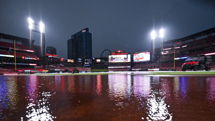 May 26, 2024; St. Louis, Missouri, USA; A general view of a flooded Busch Stadium during a weather delay before a game between the St. Louis Cardinals and the Chicago Cubs. Mandatory Credit: Jeff Curry-USA TODAY Sports May 26, 2024; St. Louis, Missouri, USA; A general view of a flooded Busch Stadium during a weather delay before a game between the St. Louis Cardinals and the Chicago Cubs. Mandatory Credit: Jeff Curry-USA TODAY Sports