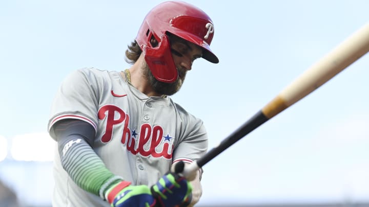 Jun 14, 2024; Baltimore, Maryland, USA;  Philadelphia Phillies first baseman Bryce Harper (3) warms up prior to a first inning at-bat against the Baltimore Orioles at Oriole Park at Camden Yards.